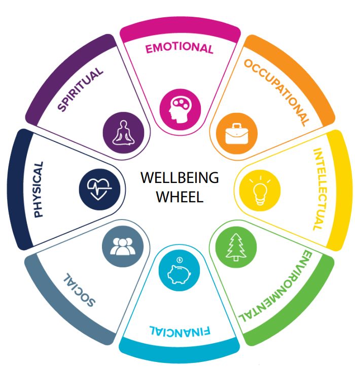 Wellbeing wheel: emotional, occupational, intellectual, environmental, financial, social, physical, spiritual and emotional