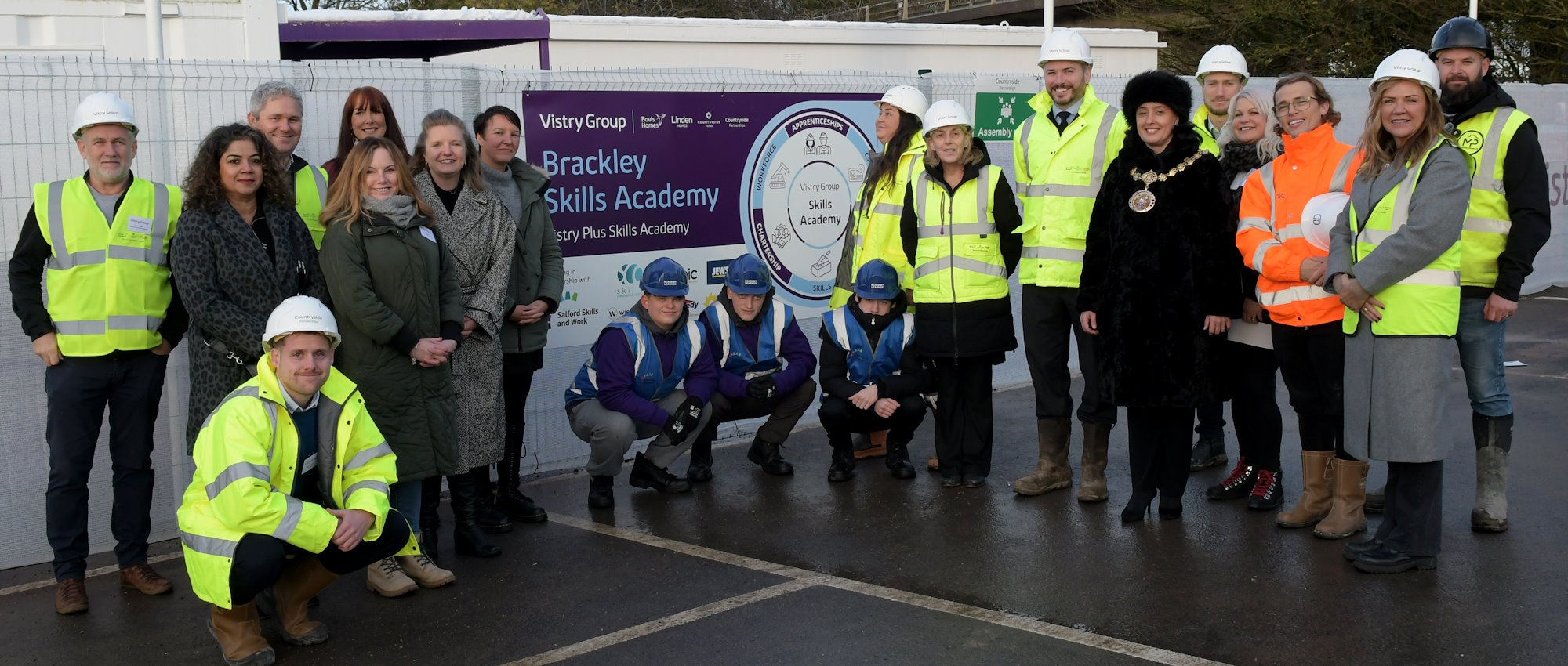 The Ceremonial Mayor and others stood outside the Brackley Village Skills Academy